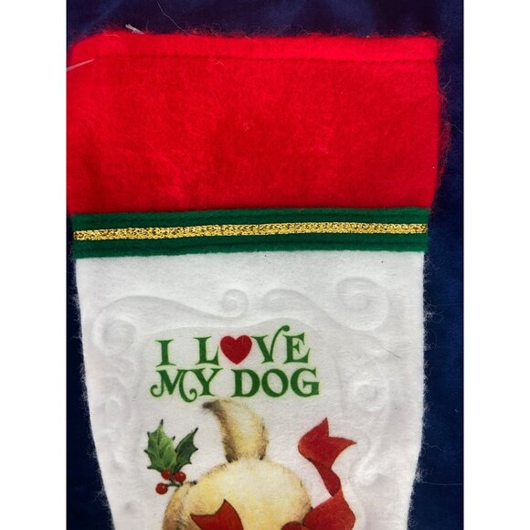 Christmas Stocking with "I Love My Dog" Print White Red Trim - Picture 3 of 5